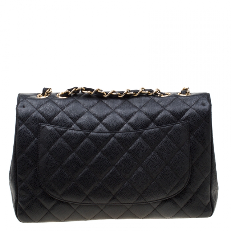 Pre Owned Chanel Black Quilted Caviar Leather Jumbo Classic Single Flap Bag