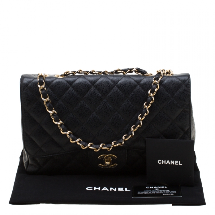 Pre Owned Chanel Black Quilted Caviar Leather Jumbo Classic Single Flap Bag