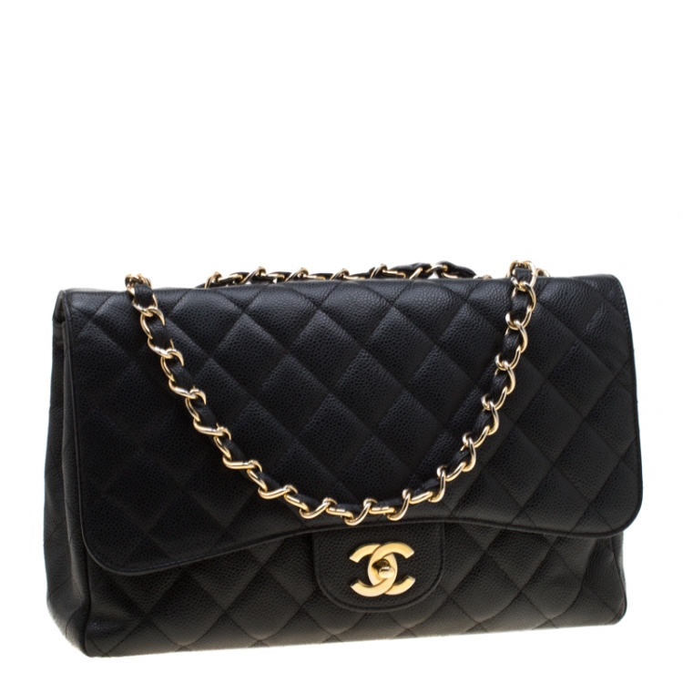 Pre Owned Chanel Black Quilted Caviar Leather Jumbo Classic Single Flap Bag