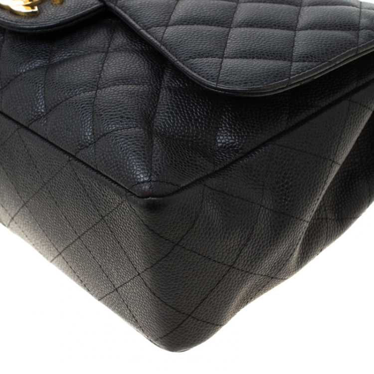 Pre Owned Chanel Black Quilted Caviar Leather Jumbo Classic Single Flap Bag