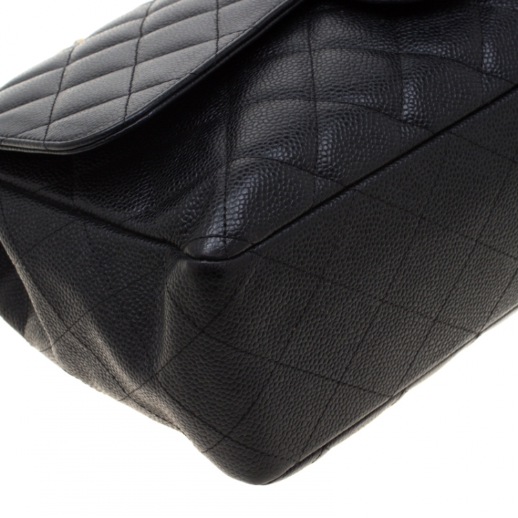 Pre Owned Chanel Black Quilted Caviar Leather Jumbo Classic Single Flap Bag