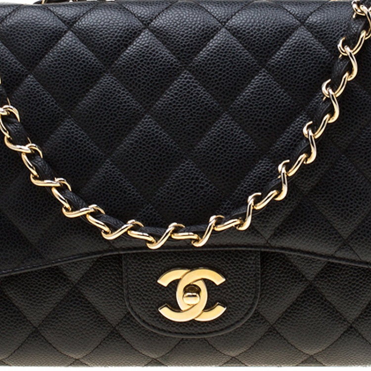 Pre Owned Chanel Black Quilted Caviar Leather Jumbo Classic Single Flap Bag