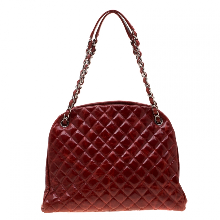 Pre Owned Chanel Red Quilted Patent Leather Just Mademoiselle Bowling Bag
