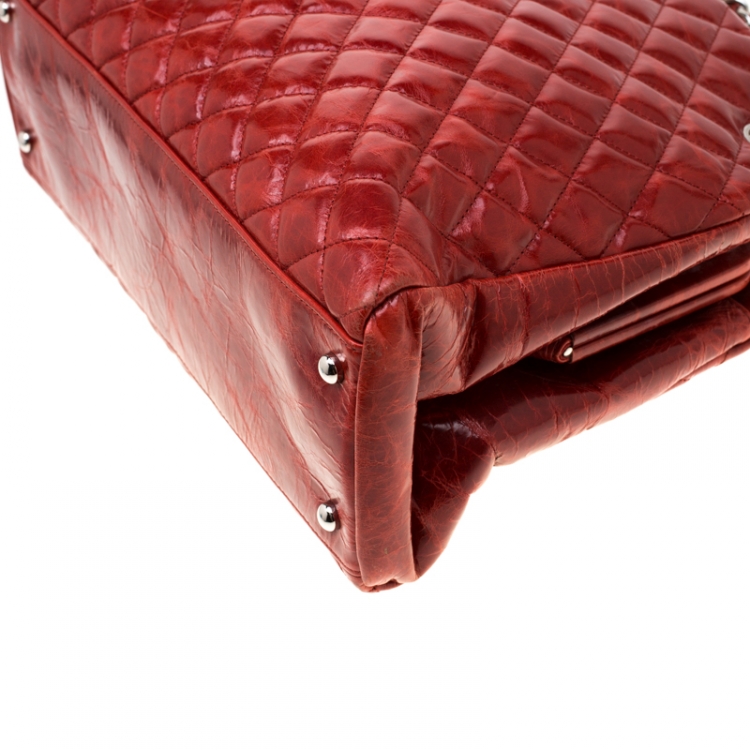 Pre Owned Chanel Red Quilted Patent Leather Just Mademoiselle Bowling Bag