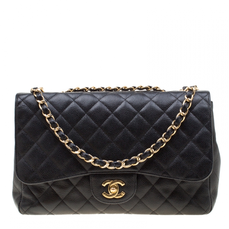 Pre Owned Chanel Black Quilted Leather Jumbo Classic Single Flap Bag