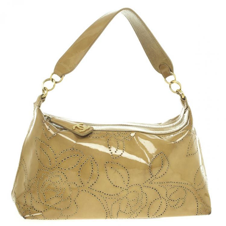 Pre Owned Chanel Patent Perforated Camelia Hobo