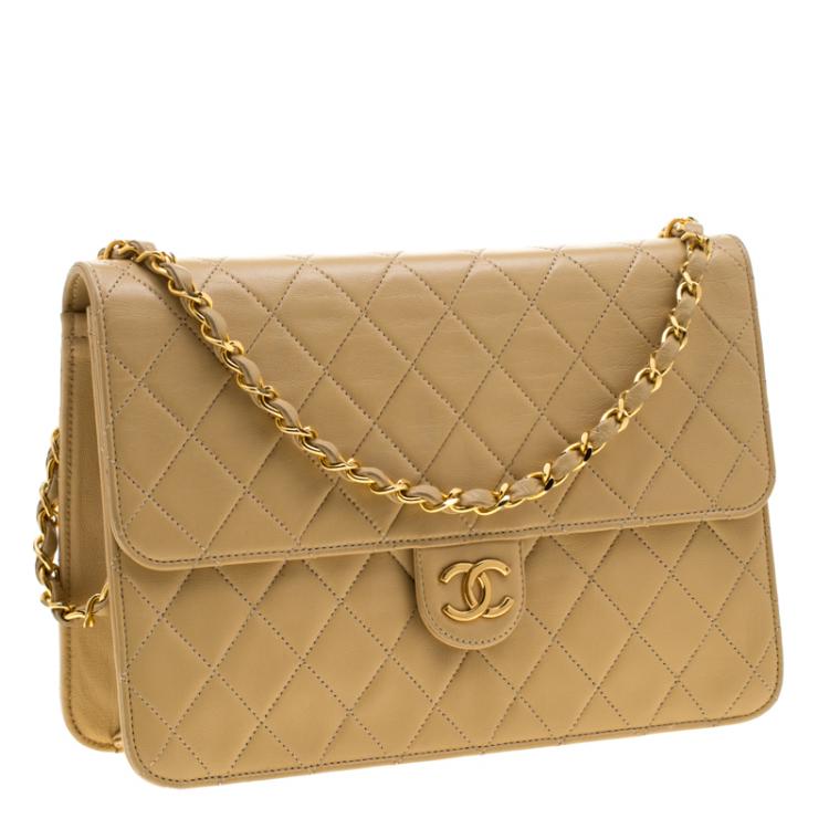 Pre Owned Chanel Cream Quilted Leather Medium Classic Single Flap Bag