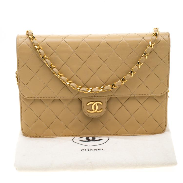 Pre Owned Chanel Cream Quilted Leather Medium Classic Single Flap Bag