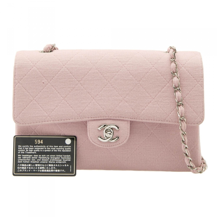 Pre Owned Chanel Light Pink Quilted Jersey Medium Vintage Classic Single Flap Bag