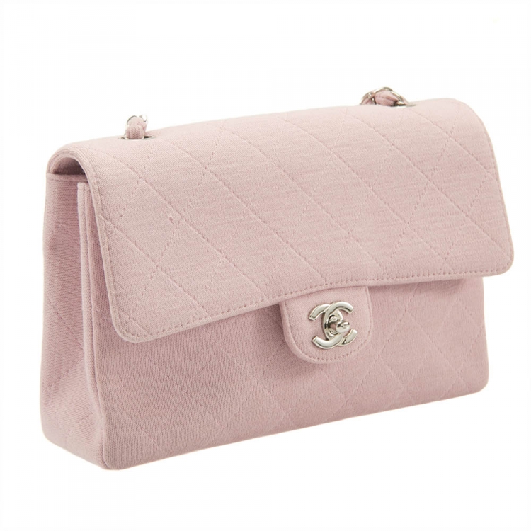 Pre Owned Chanel Light Pink Quilted Jersey Medium Vintage Classic Single Flap Bag