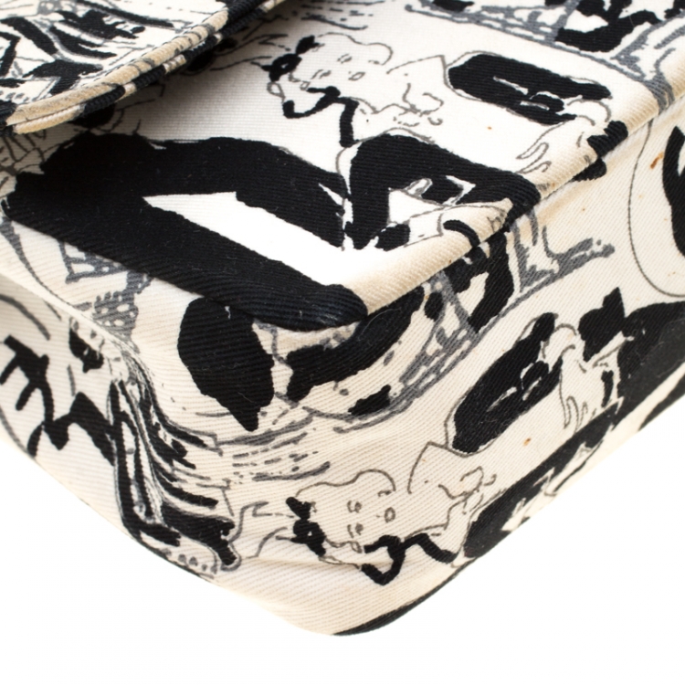مملوكة مسبقًا Chanel White/Black Sketch Canvas Karl Lagerfeld Limited Edition Classic Double Flap Bag
