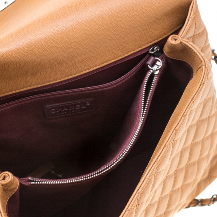 Pre Owned Chanel Tan Caviar Leather Large Quilted Coco Top Handle Bag