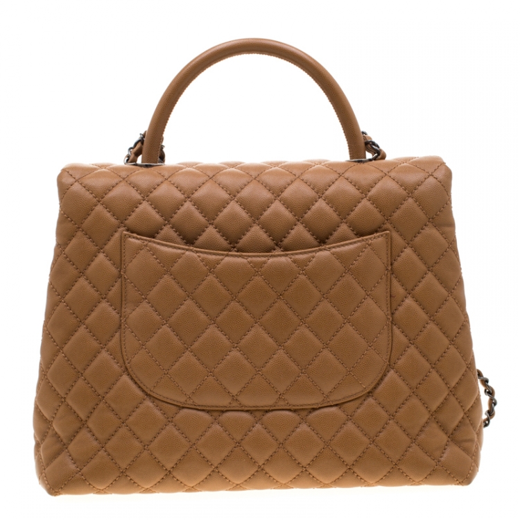 Pre Owned Chanel Tan Caviar Leather Large Quilted Coco Top Handle Bag