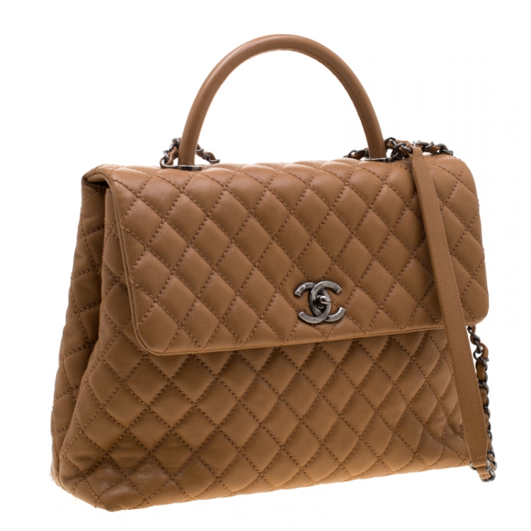 Pre Owned Chanel Tan Caviar Leather Large Quilted Coco Top Handle Bag