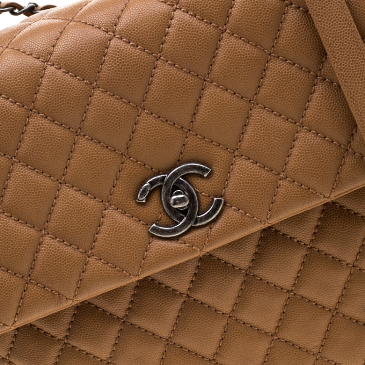 Pre Owned Chanel Tan Caviar Leather Large Quilted Coco Top Handle Bag