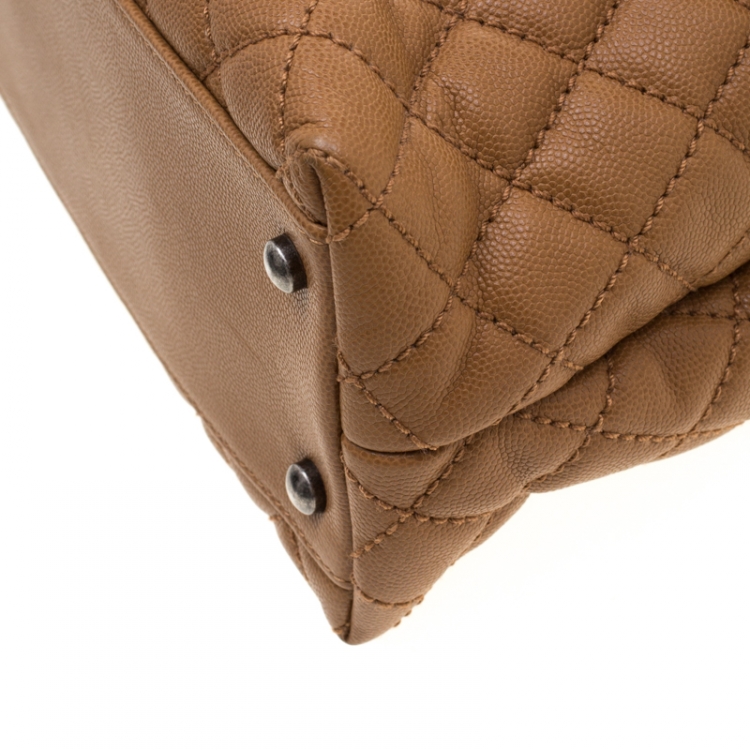 Pre Owned Chanel Tan Caviar Leather Large Quilted Coco Top Handle Bag