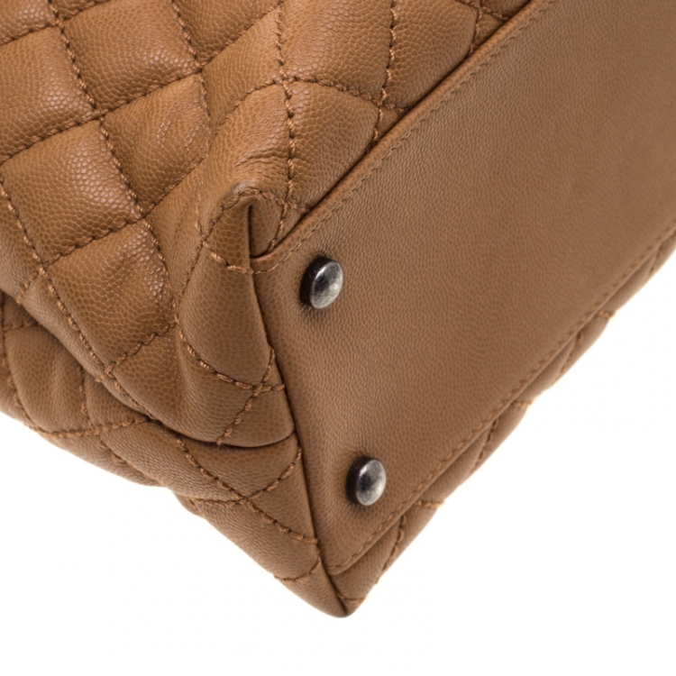 Pre Owned Chanel Tan Caviar Leather Large Quilted Coco Top Handle Bag