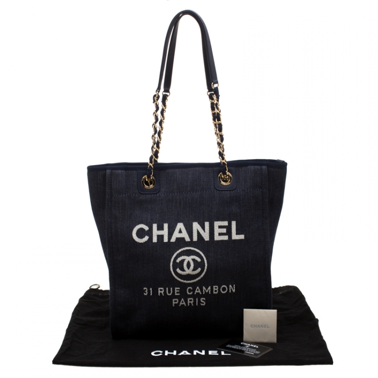 Pre Owned Chanel Blue Denim North South Deauville Chain Tote