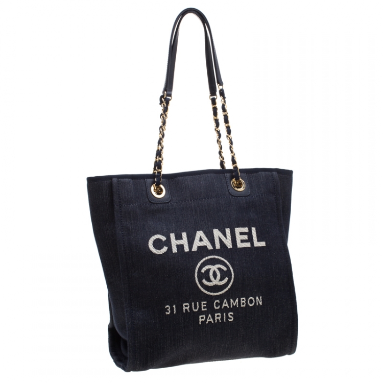 Pre Owned Chanel Blue Denim North South Deauville Chain Tote