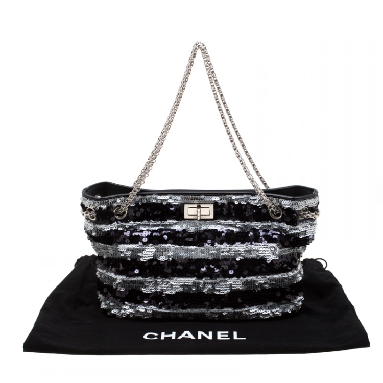 Pre Owned Chanel Black/Silver Stripe Sequins Reissue Shoulder Bag
