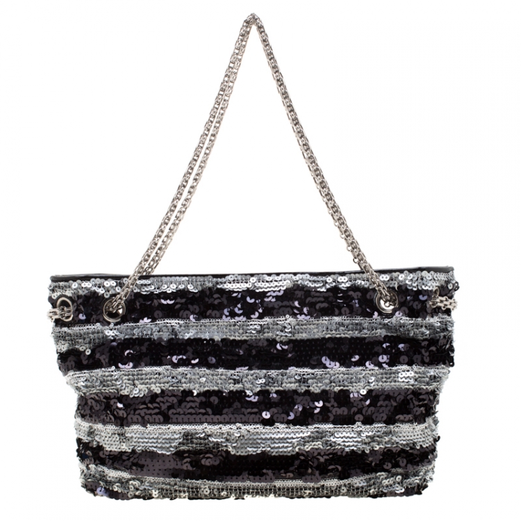 Pre Owned Chanel Black/Silver Stripe Sequins Reissue Shoulder Bag