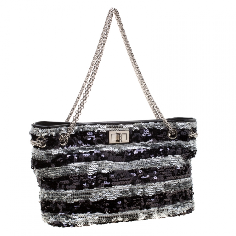 Pre Owned Chanel Black/Silver Stripe Sequins Reissue Shoulder Bag