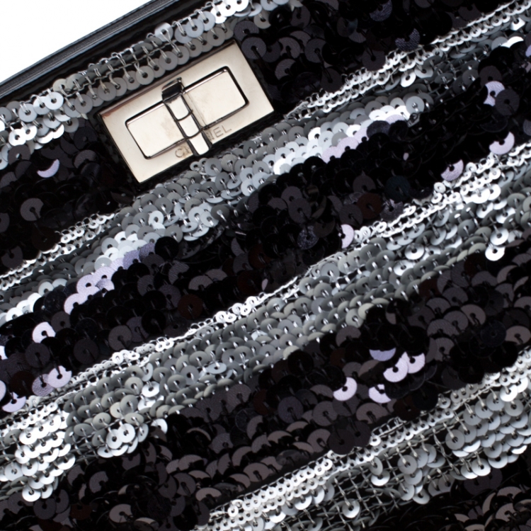 Pre Owned Chanel Black/Silver Stripe Sequins Reissue Shoulder Bag