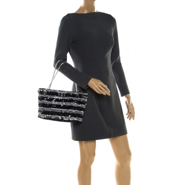 Pre Owned Chanel Black/Silver Stripe Sequins Reissue Shoulder Bag