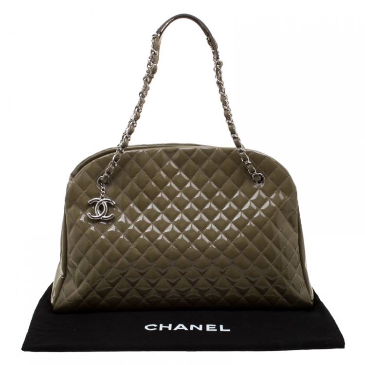 Pre Owned Chanel Olive Green Quilted Patent Leather Large Just Mademoiselle Bowling Bag