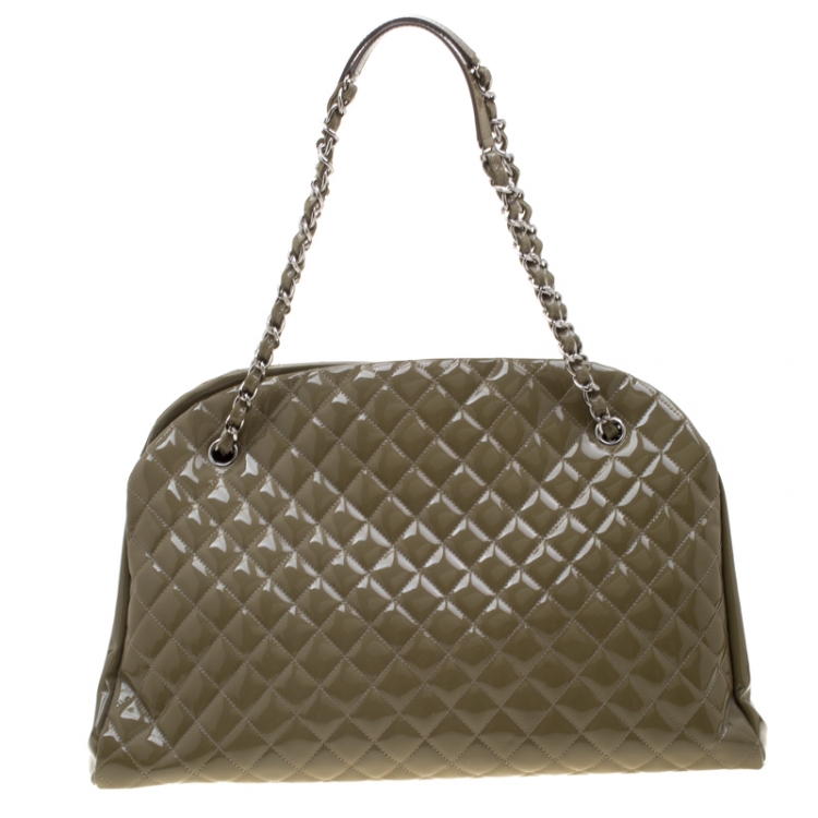 Pre Owned Chanel Olive Green Quilted Patent Leather Large Just Mademoiselle Bowling Bag
