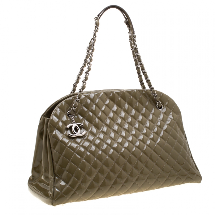 Pre Owned Chanel Olive Green Quilted Patent Leather Large Just Mademoiselle Bowling Bag