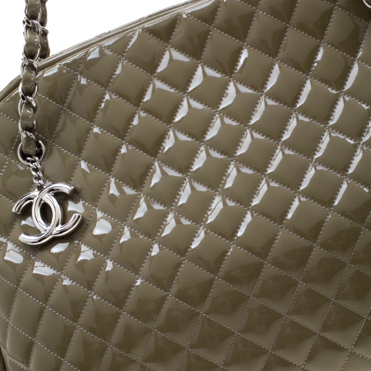 Pre Owned Chanel Olive Green Quilted Patent Leather Large Just Mademoiselle Bowling Bag