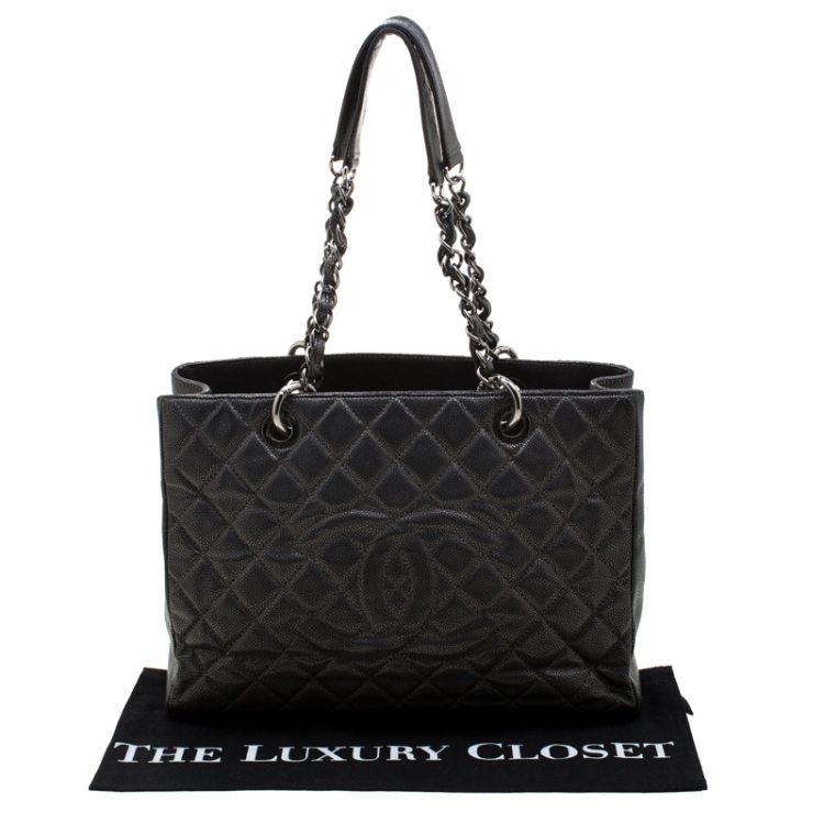 Pre Owned Chanel Metallic Grey Quilted Caviar Leather Grand Shopper Tote