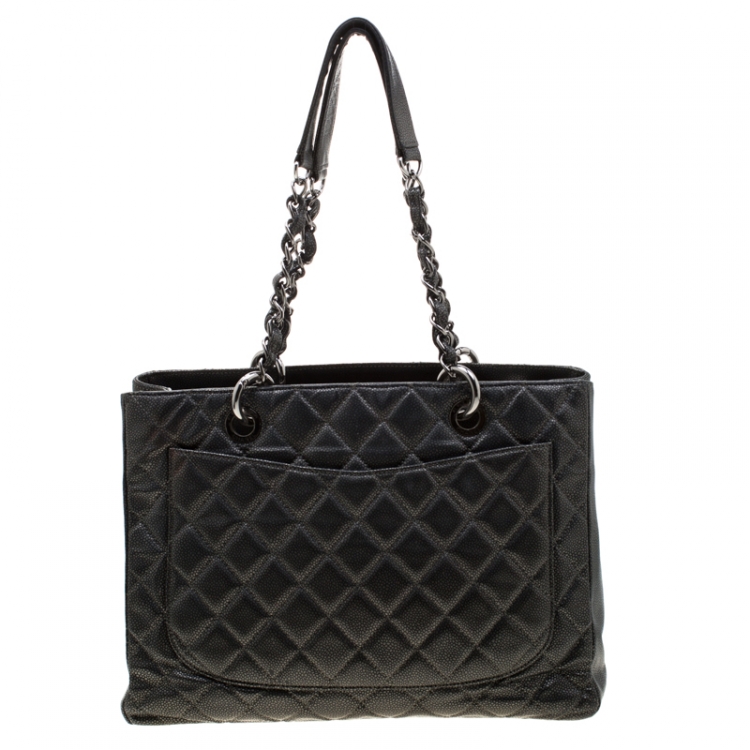 Pre Owned Chanel Metallic Grey Quilted Caviar Leather Grand Shopper Tote