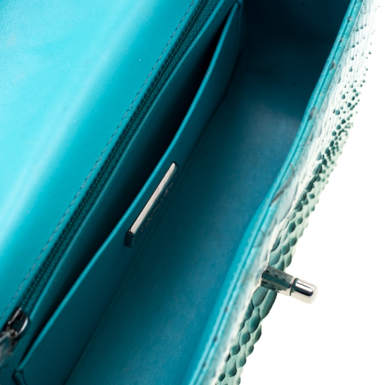 Pre Owned Chanel Turquoise Python New Mini Classic Single Flap Bag