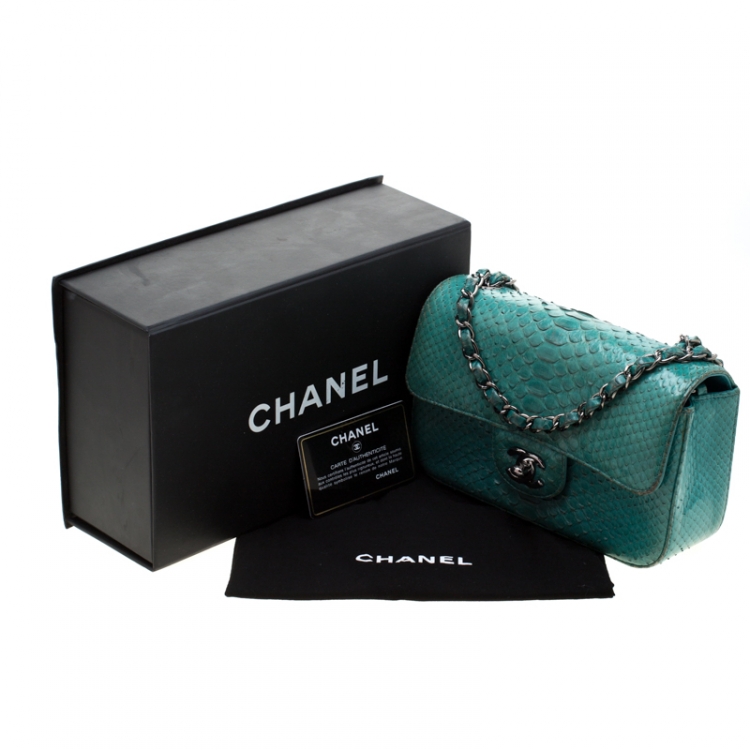 Pre Owned Chanel Turquoise Python New Mini Classic Single Flap Bag
