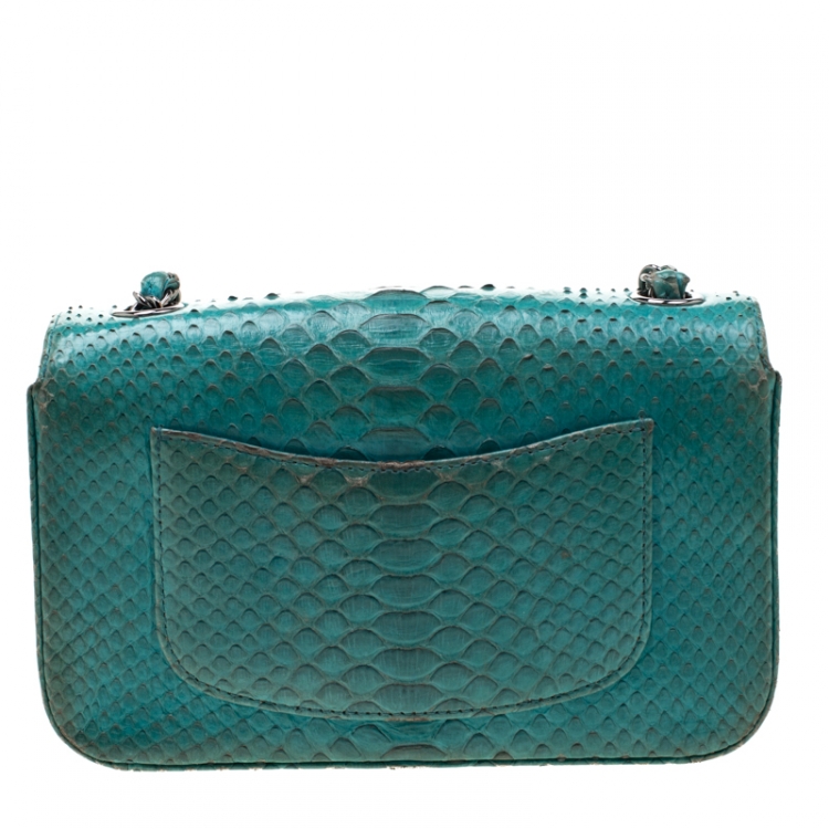 Pre Owned Chanel Turquoise Python New Mini Classic Single Flap Bag