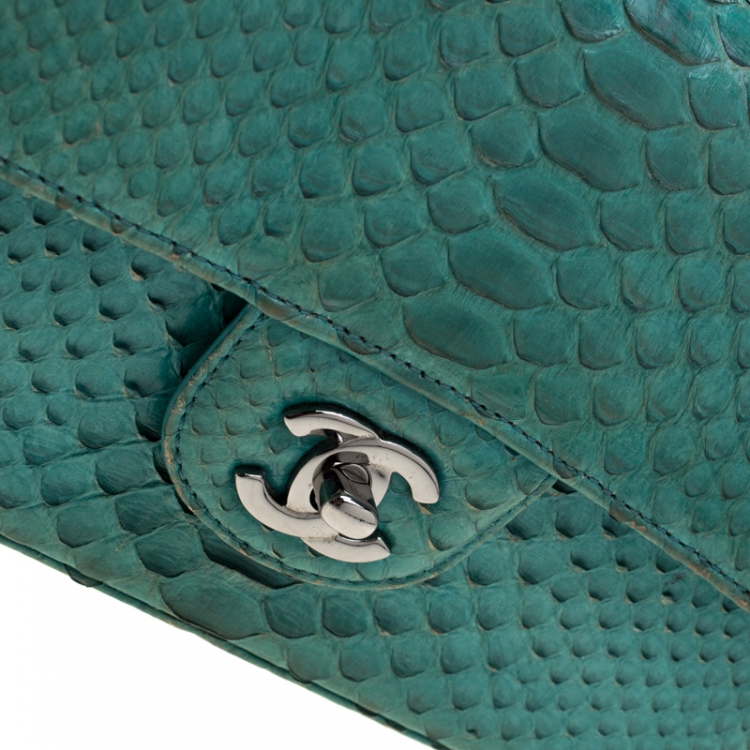 Pre Owned Chanel Turquoise Python New Mini Classic Single Flap Bag