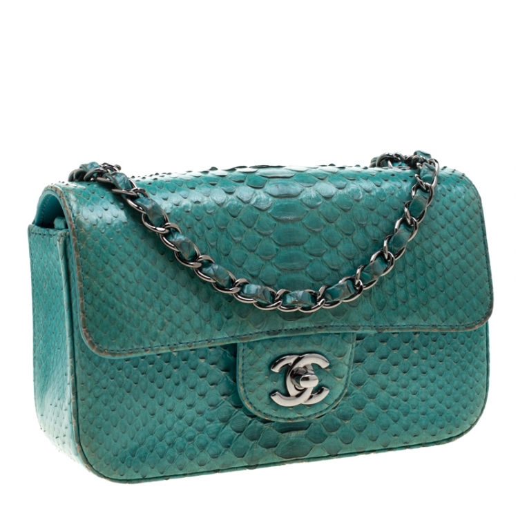 Pre Owned Chanel Turquoise Python New Mini Classic Single Flap Bag