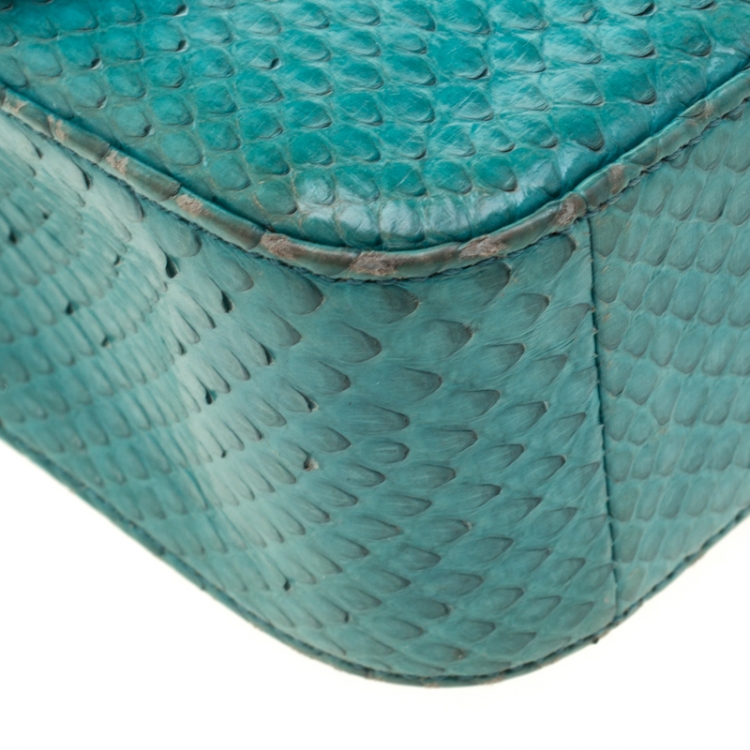 Pre Owned Chanel Turquoise Python New Mini Classic Single Flap Bag