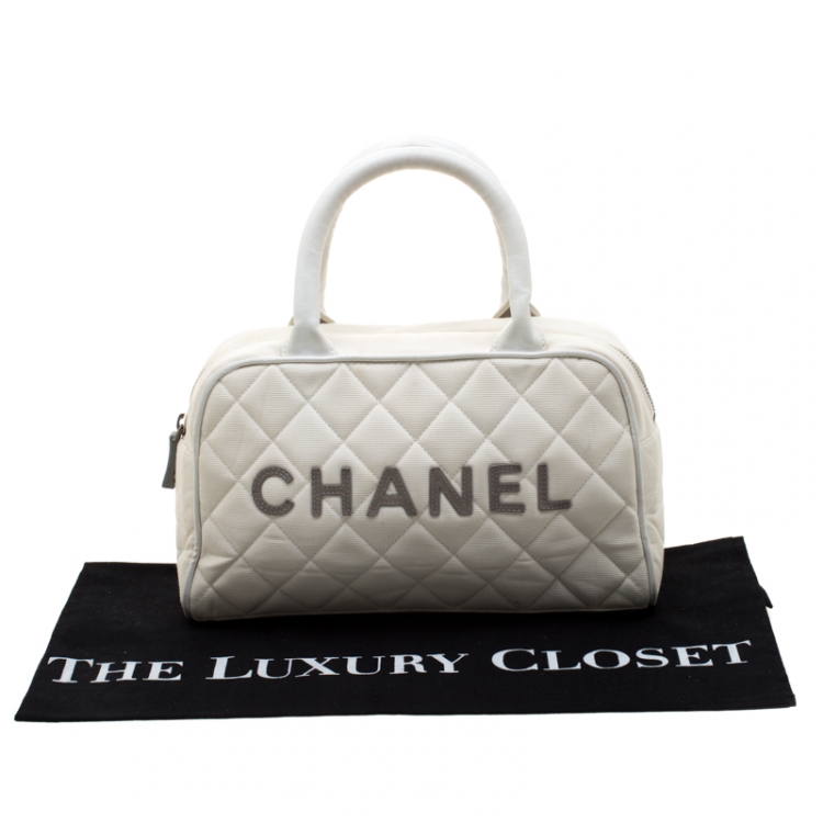 Pre Owned Chanel White Quilted Canvas and Leather CC Boston Bag