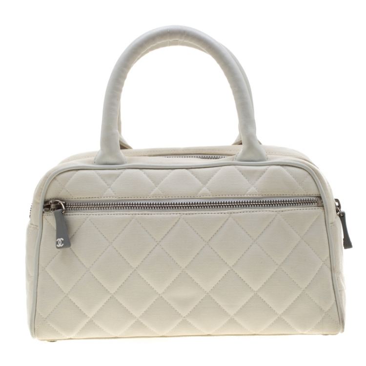 Pre Owned Chanel White Quilted Canvas and Leather CC Boston Bag