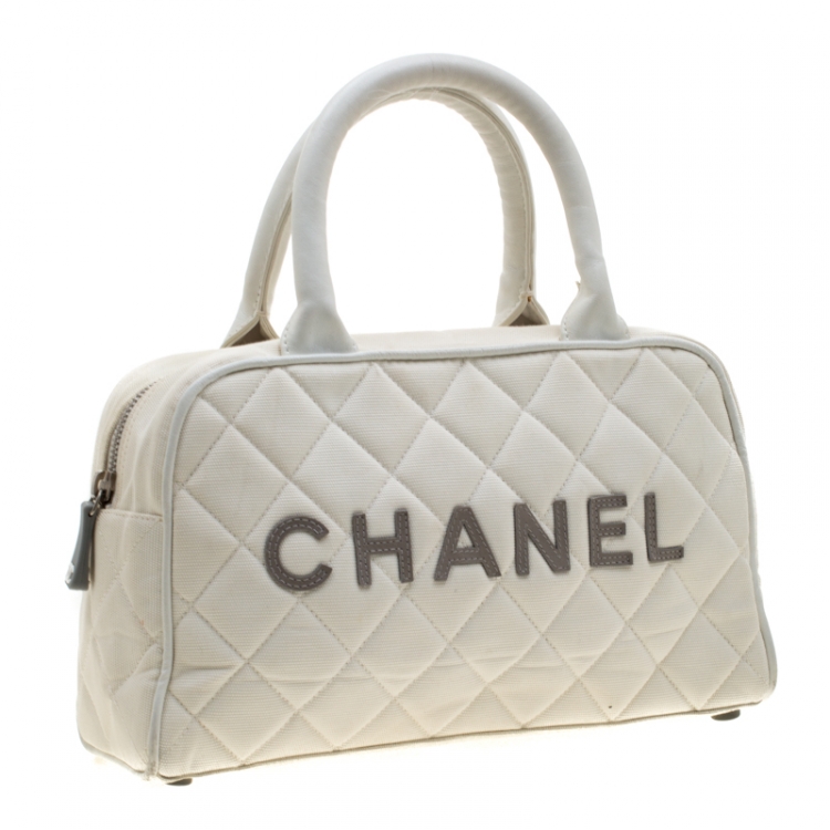 Pre Owned Chanel White Quilted Canvas and Leather CC Boston Bag