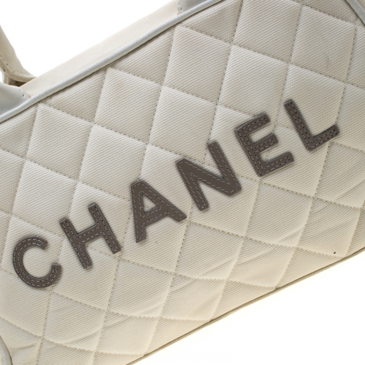 Pre Owned Chanel White Quilted Canvas and Leather CC Boston Bag