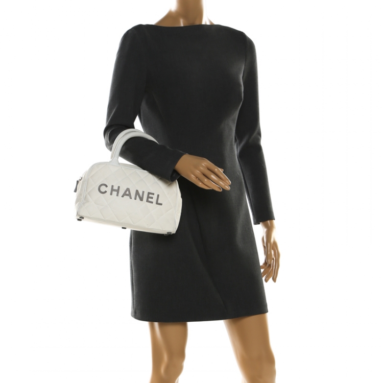 Chanel White Quilted Canvas and Leather CC Boston Bag Chanel