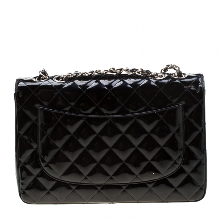 Pre Owned Chanel Black Quilted Patent Leather Jumbo Classic Single Flap Bag