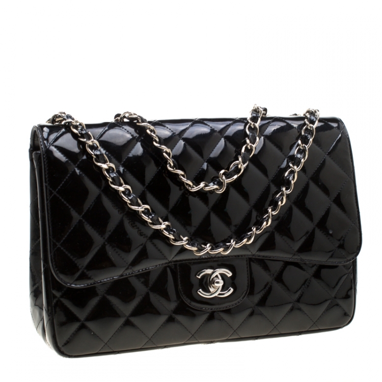 Pre Owned Chanel Black Quilted Patent Leather Jumbo Classic Single Flap Bag