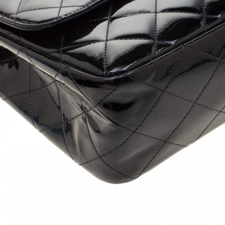 Pre Owned Chanel Black Quilted Patent Leather Jumbo Classic Single Flap Bag