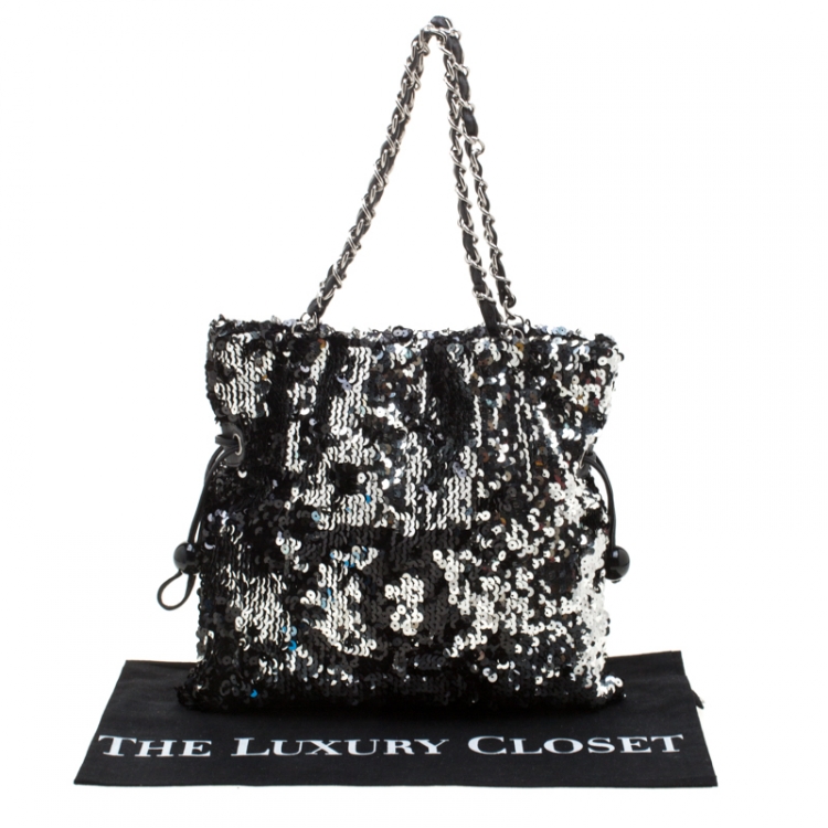 Pre Owned Chanel Black Sequins Embellished Summer Night Drawstring Bag
