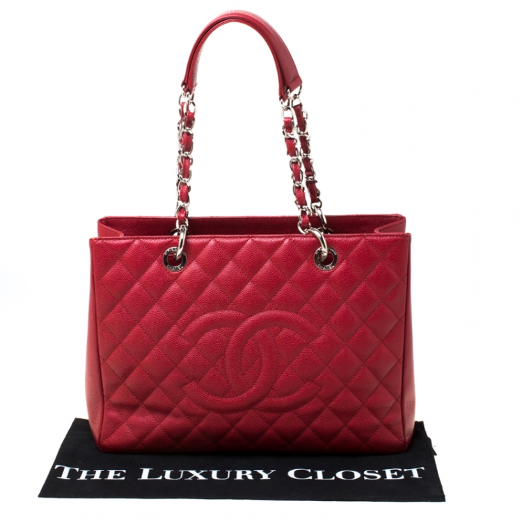 Pre Owned Chanel Red Quilted Caviar Leather Grand Shopper Tote